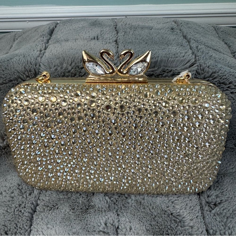 Gold Rhinestone Clutch Evening Bag Swan Clasp Crossbody Purse Wedding Prom NEW